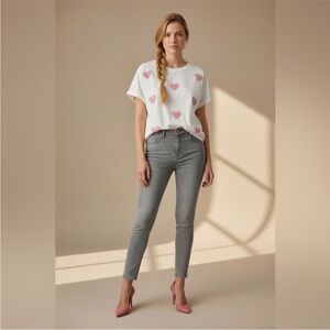 White Short-Sleeve Tee with Pink Heart Print